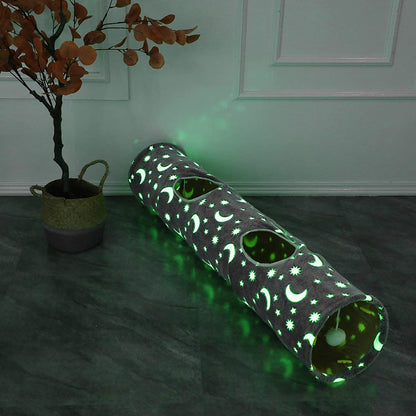 Cat Tunnel Tube with Plush Ball Toys Collapsible Self-Luminous Photoluminescence, for Small Animals Pets Bunny Rabbits, Kittens, Ferrets,Puppy and Dogs Grey Moon Star