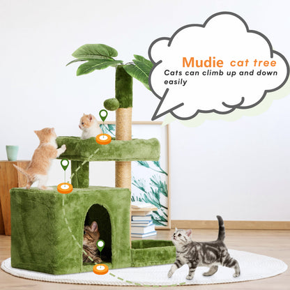 31.5" Cat Tree Cat Tower for Indoor Cats with Green Leaves, Cat Condo Cozy Plush Cat House with Hang Ball and Leaf Shape Design, Cat Furniture Pet House with Cat Scratching Posts,Beige