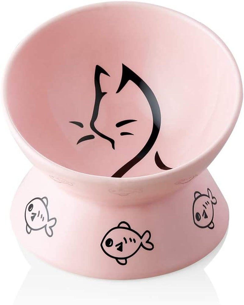 Raised Cat Bowl for Dry Wet Cat Food, Ceramic Elevated Pet Bowl Cat Dish, Protect Cat'S Spine, Stress Free, Slanted Design for Cat Easy Eating, 10 Oz, Dishwasher Safe (Pink)