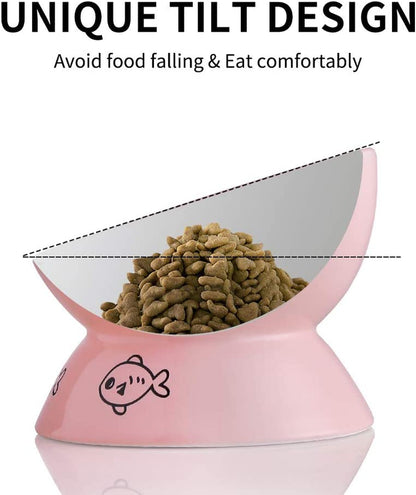 Raised Cat Bowl for Dry Wet Cat Food, Ceramic Elevated Pet Bowl Cat Dish, Protect Cat'S Spine, Stress Free, Slanted Design for Cat Easy Eating, 10 Oz, Dishwasher Safe (Pink)